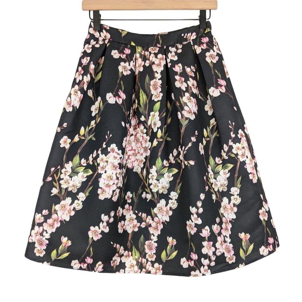 Alya Francesca's black cherry blossom floral print box pleated midi skirt small